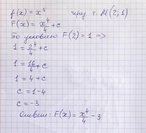 Для функции f(x)=x^3 найдите первообразную F(x), график которой проходит через точку М (2; 1).