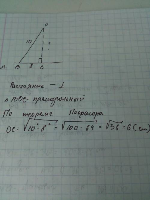 Из точки O к плоскости α проведена наклонная, длинакоторой равна 10 см, проекция наклонной равна 8 с