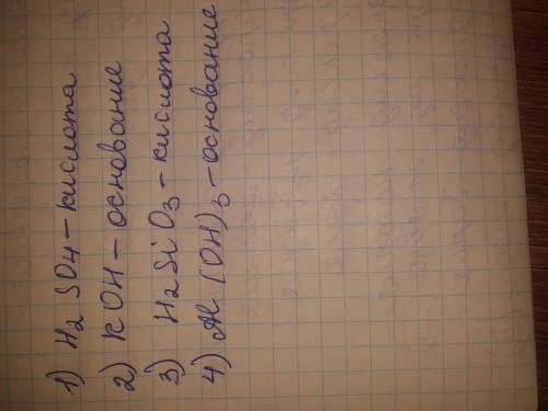 Знайдіть відповідність: Формула сполуки Тип сполуки 1)H²SO⁴ а)основа 2)K O H б)кислота 3)H²SI O³ 4)A