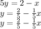 5y = 2 - x \\ y = \frac{2}{5} - \frac{1}{5} x \\ y = \frac{2}{5} - \frac{1}{5} x