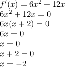 f'(x)=6x^2+12x\\6x^2+12x=0\\6x(x+2)=0\\6x=0\\x=0\\x+2=0\\x=-2