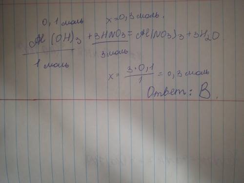 Яка кількість речовини нітратної кислоти вступить в реакцію з 0,1 моль алюміній гідроксиду за рівнян