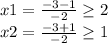 x1=\frac{-3-1}{-2}\geq 2\\ x2=\frac{-3+1}{-2}\geq 1