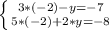 \left \{ {{3 * (-2) - y = -7} \atop {5 * (-2) + 2 * y = -8}} \right.