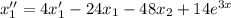 x_1''=4x_1'-24x_1-48x_2+14e^{3x}