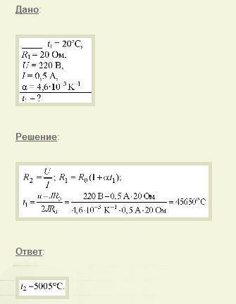 Опір вольфрамової нитки лампи розжарювання при 20°С дорівнює 20 Ом. Температурний коефіцієнт опору в