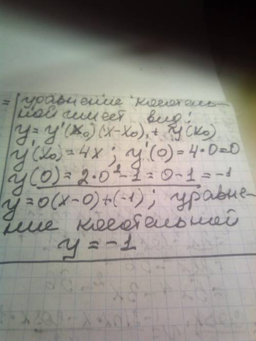 Найдите уравнение касательной к графику функции f(x)=2x2-1 проходящей через точку (0;-1)