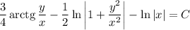 \dfrac{3}{4}\, \text{arctg}\, \dfrac{y}{x} - \dfrac{1}{2} \ln \left|1 + \dfrac{y^{2}}{x^{2}} \right| - \ln |x| = C