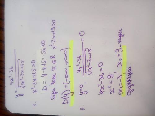 Найти область определения и нули функции y=4x^2-36/корень из x^2-2x+15,очень от