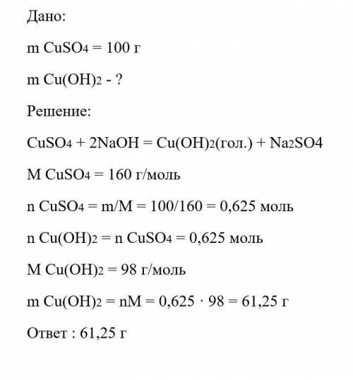 Определите массу осадка, который выпал при взаимодействии 100 г сульфата меди (II) с гидроксидом нат