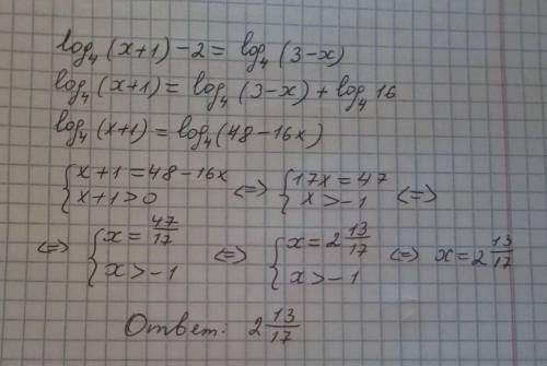 Log4(x+1)-2=log 4(3-x)