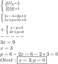 \left \{ {{\frac{p+1}{2x-4} =\frac{1}{2}} \atop {\frac{5x+p}{3x+6}=1 }} \right.\\\\\left \{ {{2x-4=2p+2} \atop {5x+p=3x+6}} \right. \\\\+\left \{ {{x-p=3} \atop {2x+p=6}} \right.\\----- \\3x=9\\x=3\\p=6-2x=6-2*3=0\\Otvet:\boxed{x=3;p=0}