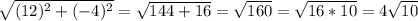 \sqrt{(12)^2+(-4)^2}=\sqrt{144+16}=\sqrt{160} =\sqrt{16*10}=4\sqrt{10}
