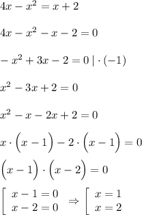 4x-x^2=x+2 \\ \\ 4x-x^2-x-2=0 \\ \\ -x^2+3x-2=0 \: |\cdot(-1) \\ \\ x^2-3x+2=0 \\ \\ x^2-x-2x+2=0 \\ \\ x\cdot\Big(x-1\Big)-2\cdot\Big(x-1\Big)=0 \\ \\ \Big(x-1\Big)\cdot\Big(x-2\Big)=0 \\ \\ \left[\begin{array}xx-1=0 \\ x-2=0 \end{array}\right \Rightarrow \left[\begin{array}xx=1 \\ x=2 \end{array}\right