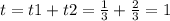 t=t1+t2=\frac{1}{3} +\frac{2}{3} =1