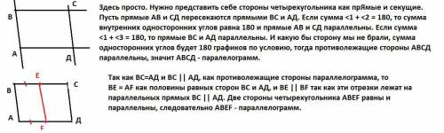 1 Докажите, что если сумма углов, прилежащих к любой из сторон четырехугольника, равна 180 , то этот