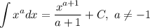 \displaystyle \int x^{a} dx = \dfrac{x^{a+1}}{a+1} + C, \ a \neq -1