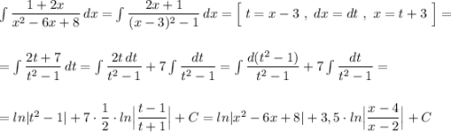 \int \dfrac{1+2x}{x^2-6x+8}\, dx=\int \dfrac{2x+1}{(x-3)^2-1}\, dx=\Big[\; t=x-3\ ,\ dx=dt\ ,\ x=t+3\ \Big]=\\\\\\=\int \dfrac{2t+7}{t^2-1}\, dt=\int \dfrac{2t\, dt}{t^2-1}+7\int \dfrac{dt}{t^2-1}=\int \dfrac{d(t^2-1)}{t^2-1}+7\int \dfrac{dt}{t^2-1}=\\\\\\=ln|t^2-1|+7\cdot \dfrac{1}{2}\cdot ln\Big|\dfrac{t-1}{t+1}\Big|+C=ln|x^2-6x+8|+3,5\cdot ln\Big|\dfrac{x-4}{x-2}\Big|+C