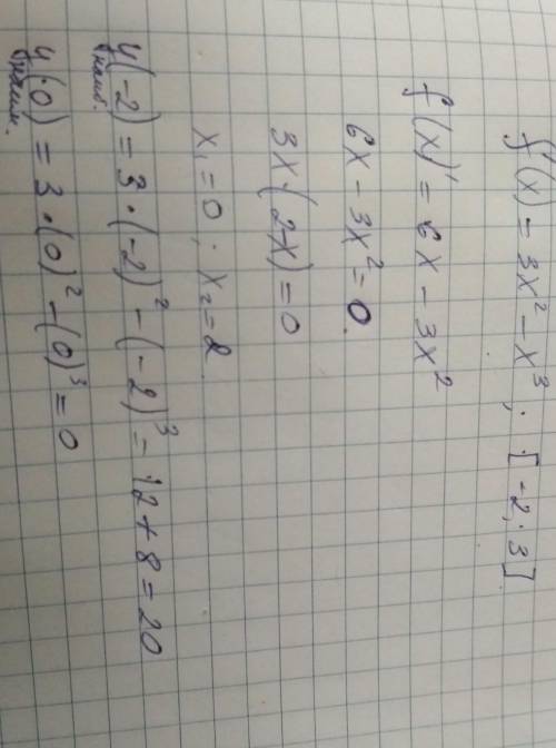 Найдите наибольшее и наименьшее значение функции f (x) =3x^2-x^3 на промежутке [ - 2; 3]