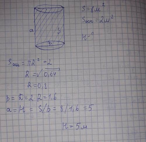 Площадь осевого сечения цилиндра равна 8 м в квадрате а площадь основания 2м в квадрате Найдите высо