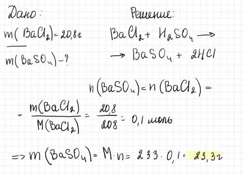 Задача. Сколько граммов сульфата бария выпадет в осадок при взаимодействие хлорида бария массой 20,8