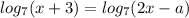 log_7(x+3) = log_7(2x-a)