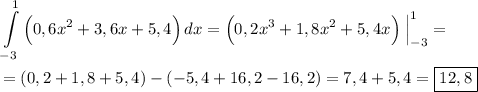 \displaystyle \int\limits^1_{-3} \Big ( 0,6x^2 + 3,6x + 5,4 \Big ) \, dx = \Big (0,2x^3 + 1,8x^2 + 5,4x \Big ) \; \Big | _{-3} ^1 =\\\\= (0,2 + 1,8 + 5,4) - (-5,4 + 16,2-16,2) = 7,4 + 5,4 = \boxed {12,8}