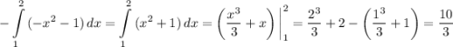 -\displaystyle \int\limits^2_1 {(-x^{2} - 1)} \, dx = \int\limits^2_1 {(x^{2} + 1)} \, dx = \left(\dfrac{x^{3}}{3} + x \right) \bigg| ^{2}_{1} = \dfrac{2^{3}}{3} + 2 - \left(\dfrac{1^{3}}{3} + 1 \right) = \dfrac{10}{3}