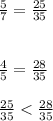 \frac{5}{7} = \frac{25}{35\\} \\\\\\\frac{4}{5} =\frac{28}{35} \\\\\frac{25}{35} < \frac{28}{35}