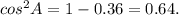 cos^{2}A=1-0.36=0.64.