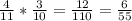 \frac{4}{11} * \frac{3}{10} = \frac{12}{110} = \frac{6}{55}