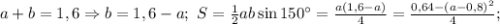 a+b=1,6\Rightarrow b=1,6-a; \ S=\frac{1}{2}ab\sin 150^{\circ}=\frac{a(1,6-a)}{4}=\frac{0,64-(a-0,8)^2}{4};