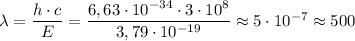 \lambda = \dfrac{h \cdot c}{E}=\dfrac{6,63\cdot10^{-34}\cdot3\cdot10^8}{3,79\cdot10^{-19}}\approx 5\cdot10^{-7}\approx500