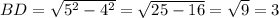 BD=\sqrt{5^2-4^2}=\sqrt{25-16}=\sqrt{9}=3