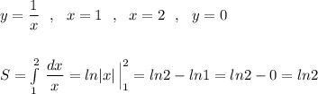 y=\dfrac{1}{x}\ \ ,\ \ x=1\ \ ,\ \ x=2\ \ ,\ \ y=0\\\\\\S=\int\limits^2_1\, \dfrac{dx}{x}=ln|x|\, \Big|_1^2=ln2-ln1=ln2-0=ln2