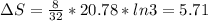 \Delta S=\frac{8}{32}*20.78*ln3=5.71