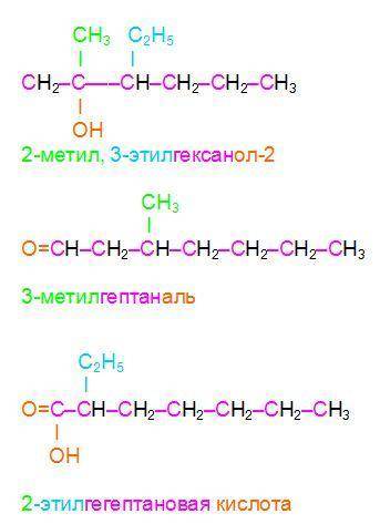 Напишите структурные формулы: 2-метил-3-этил-гексанола-2, 3-метилгептаналя, 2-этилгептановой кислоты
