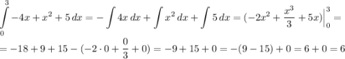 \displaystyle \int\limits^3_0 {-4x+x^2+5} \, dx =-\int\limits {4x} \, dx +\int\limits {x^2} \, dx +\int\limits {5} \, dx =(-2x^2+\dfrac{x^3}{3}+5x)\Big|^3_0 = \\ \\ =-18+9+15-(-2\cdot0+\dfrac{0}{3}+0)=-9+15+0=-(9-15)+0=6+0=6