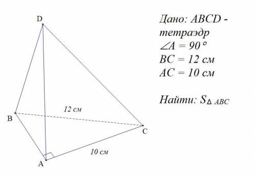 В основании тетраэдра прямоугольный треугольник, гипотенуза которого равна 12 см. Один из катетов им