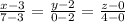 \frac{x-3}{7-3}=\frac{y-2}{0-2}=\frac{z-0}{4-0}