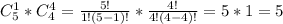 C^1_5*C^4_4=\frac{5!}{1!(5-1)!} *\frac{4!}{4!(4-4)!}=5*1=5