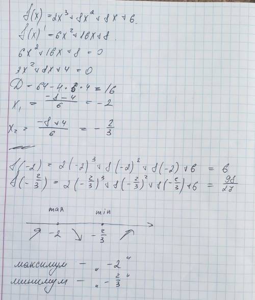 Максимум в точке x= Минимум в точке x= (Записывай сокращённые дроби. Если дроби отрицательные, то ми