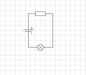 Начертить принципиальную схему электрической цепи, состоящей из элементов: батарейка + Лампа и резис