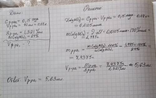 Какой объем 24 %-ного (по массе) раствора вещества AgNO3 плотностью 1,321 г/мл необходимо взять для