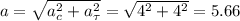 a=\sqrt{a_c^2+a_\tau ^2}=\sqrt{4^2+4^2}=5.66