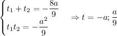 \begin{cases}t_1+t_2=-\dfrac{8a}{9}\\t_1t_2=-\dfrac{a^2}{9}\end{cases}\Rightarrow t=-a; \dfrac{a}{9}