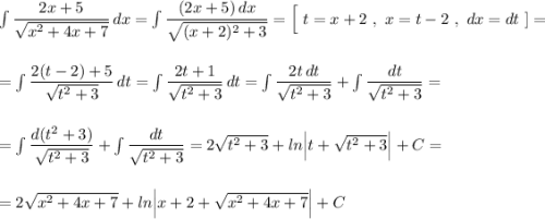 \int \dfrac{2x+5}{\sqrt{x^2+4x+7}}\, dx=\int \dfrac{(2x+5)\, dx}{\sqrt{(x+2)^2+3}}=\Big[\ t=x+2\ ,\ x=t-2\ ,\ dx=dt\ ]=\\\\\\=\int \dfrac{2(t-2)+5}{\sqrt{t^2+3}}\, dt=\int \dfrac{2t+1}{\sqrt{t^2+3}}\, dt=\int \dfrac{2t\, dt}{\sqrt{t^2+3}}+\int \dfrac{dt}{\sqrt{t^2+3}}=\\\\\\=\int \dfrac{d(t^2+3)}{\sqrt{t^2+3}}+\int \dfrac{dt}{\sqrt{t^2+3}}=2\sqrt{t^2+3}+ln\Big|t+\sqrt{t^2+3}\Big|+C=\\\\\\=2\sqrt{x^2+4x+7}+ln\Big|x+2+\sqrt{x^2+4x+7}\Big|+C