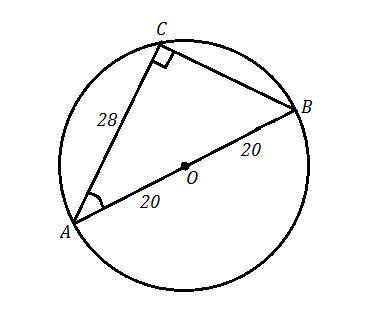 Радиус окружности 20 см. Найти косинус угла между диаметром АВ и хордой АС длина которой 28 см На Ук
