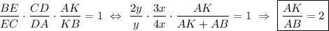 \dfrac{BE}{EC}\cdot \dfrac{CD}{DA}\cdot \dfrac{AK}{KB}=1~\Leftrightarrow~ \dfrac{2y}{y}\cdot \dfrac{3x}{4x}\cdot \dfrac{AK}{AK+AB}=1~\Rightarrow~ \boxed{\dfrac{AK}{AB}=2}