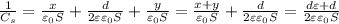 \frac{1}{C_{s}}=\frac{x}{\varepsilon_{0} S} +\frac{d}{2\varepsilon \varepsilon_{0}S}+\frac{y}{\varepsilon_{0}S}=\frac{x+y}{\varepsilon_{0}S}+ \frac{d}{2\varepsilon \varepsilon_{0}S}=\frac{d\varepsilon+d}{2\varepsilon\varepsilon_{0}S}